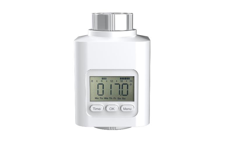 Weißer digitaler Heizkörperthermostat mit Display und Tasten