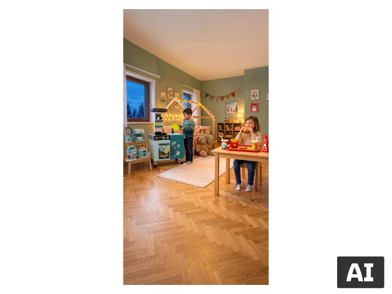 LUPILU® Spielzeug-Küchengeräte-Set in einem gemütlichen Kinderzimmer. [KI-generiertes Bild]