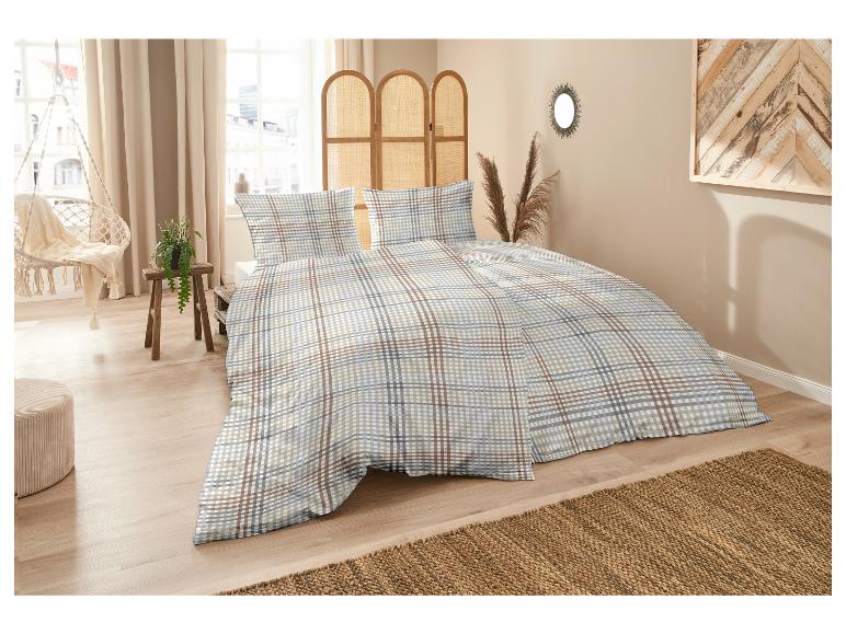 Bettwäsche mit Karomuster in Grau-, Beige- und Brauntönen.