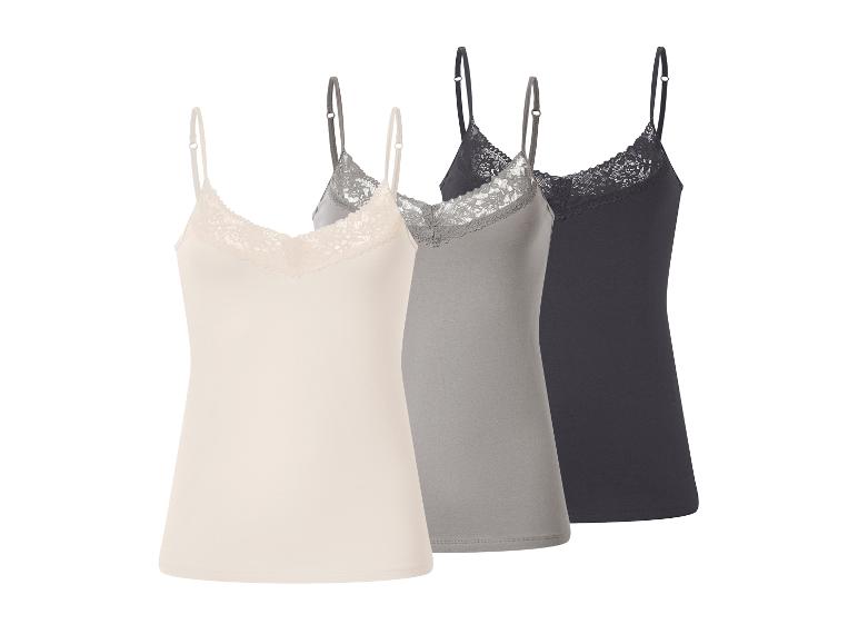 Drei Damen-Spitzencamisoles in Beige, Grau und Dunkelgrau.