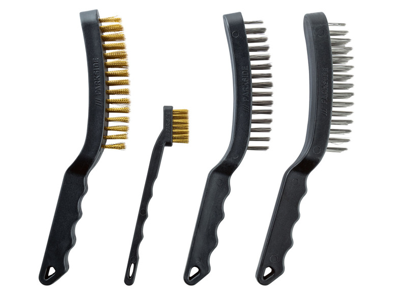 Vier Parkside Bürsten, zwei mit Metallborsten und zwei mit Messingborsten.
