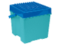 LUPILU® Bausteinebox: Türkisfarbene Spielzeugbox mit blauem Deckel.