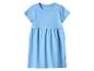 Blaues Kinderkleid mit kurzen Ärmeln und gerafftem Rock.