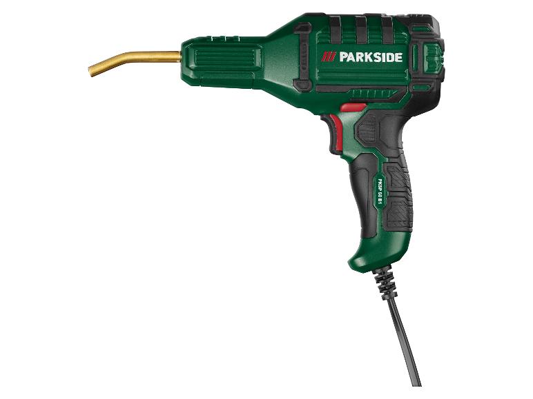 Grüner Lötkolben in Pistolenform mit schwarzem Griff und Messingspitze.