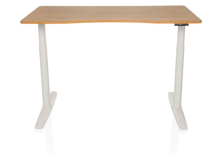 Heller Holztisch mit verstellbarer Höhe und weißen Beinen