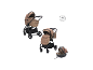 Ein beiges 3-in-1 Kinderwagenset mit Babywanne, Autositz und Kinderwagensitz.