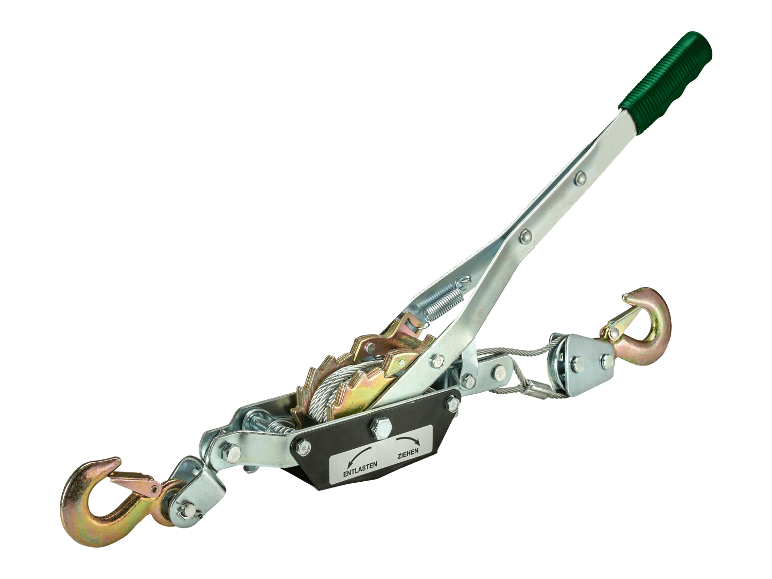 Eine Stahl-Handwinde mit grünem Griff.