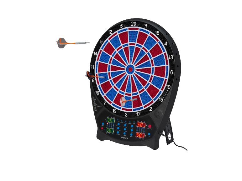 Elektronische Dartscheibe mit drei Darts, von denen zwei in der Scheibe stecken.