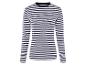 Ein gestreiftes Langarmshirt in Marineblau und Weiß.