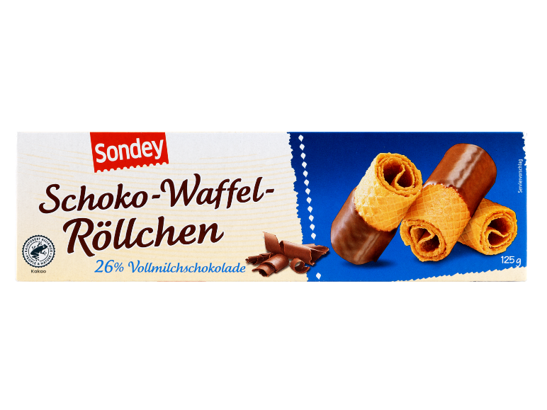 Schoko-Waffel-Röllchen mit 26% Vollmilchschokolade, 125g.
