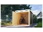 Holz-Gartenhaus mit einem Fahrrad.