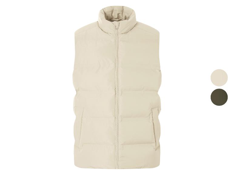 Beige Steppweste mit Reißverschluss und zwei Farbmustern.