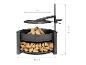 Schwarze Feuerschale mit Holzablage und Grillrost, Maße 110x88 cm.