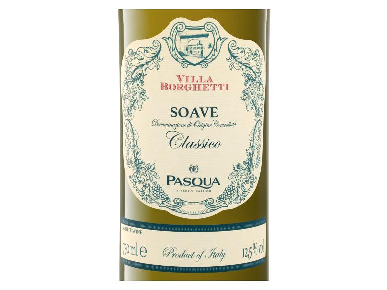 Weißweinflasche mit einem dekorativen Etikett, das eine Villa, Trauben und Text zeigt.