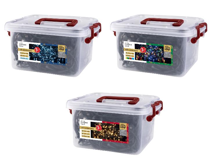 Drei transparente Boxen mit Livarno Home LED-Lichterketten in Kaltweiß, Warmweiß und Bunt.