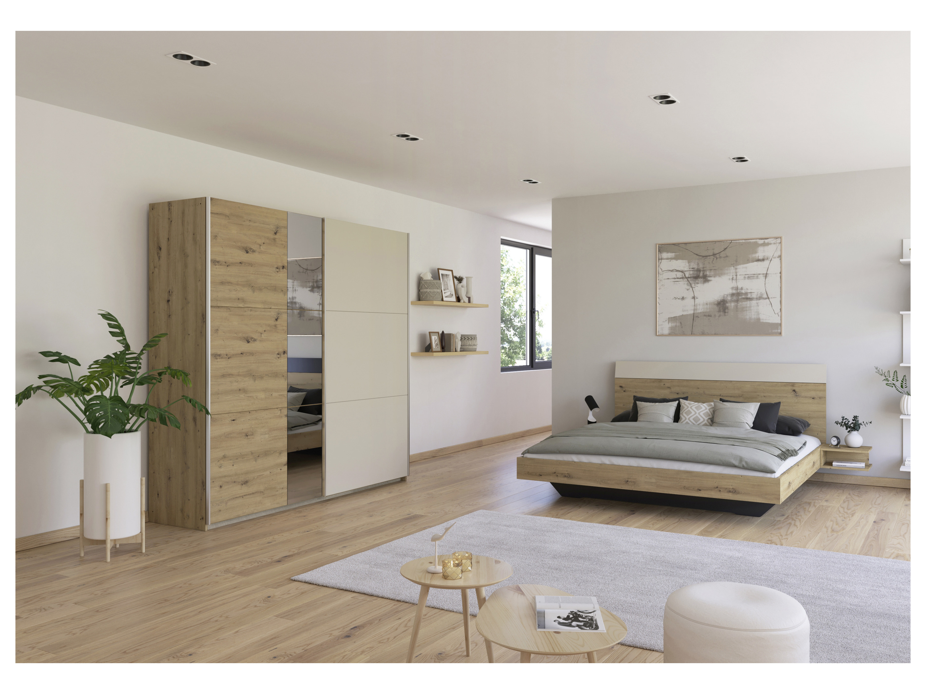 RAUCH BLUE Monza Set: Bettanlage inkl. Nachttische, Schwebetürenschrank 218 cm (Set:Kleiderschrank mit Spiegel, Eiche Artisan/Beige, Breite 522 cm / Höhe 210 cm – Bild 2 von 4