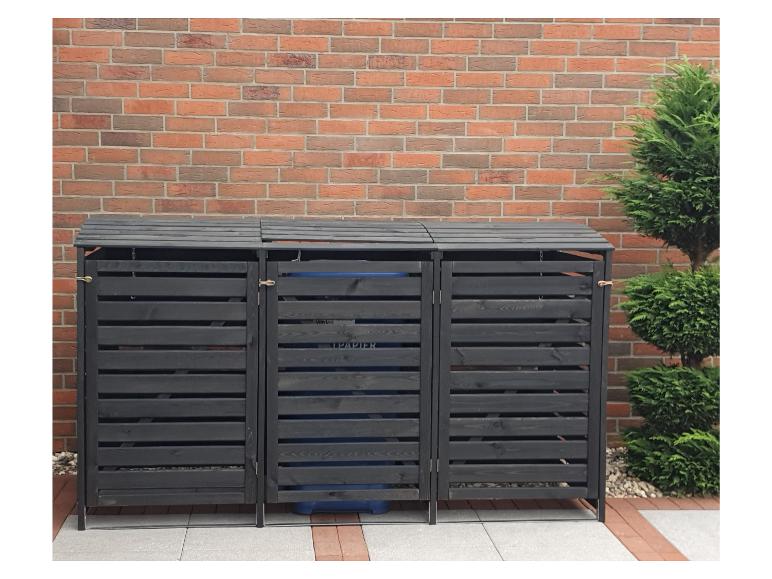 Ein Holzcontainer mit drei Fächern für Abfall, eines für Papier.