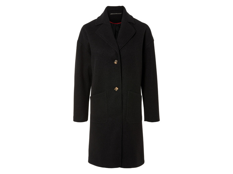 Ein schwarzer Wollmantel mit Knöpfen.