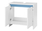 Ein weißer Badschrank mit zwei Türen und einer blauen Abdeckung.