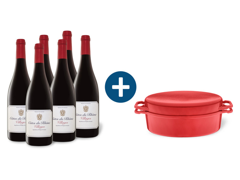 Gehe zu Vollbildansicht: 6 x 0,75-l-Flasche Weinpaket Côtes du Rhône Villages AOP trocken, Rotwein + Schmortopf/Bräter - Bild 1