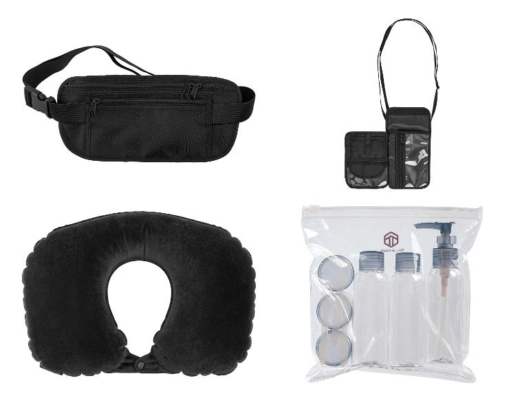 Bauchtasche, Geldbörse, Reisekissen und Reise-Necessaire.