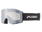 Graue Skibrille mit schwarzem Band und weißem Logo.