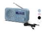 Blaues Bluetooth-Radio mit Antenne und USB-C-Kabel, neben einer Farbpalette.