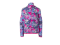 Kinder-Fleecejacke mit farbigem abstraktem Muster und fuchsiafarbenem Reißverschluss.