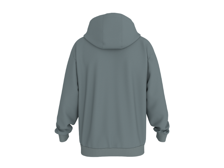 Grauer Kapuzenpullover, Rückansicht.