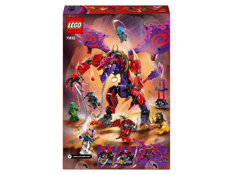 LEGO Ninjago Set 71832 mit einem großen roten und lila Drachen, Minifiguren und Zubehör.