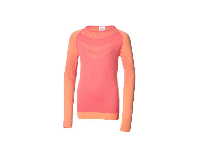 Ein langärmeliges Sportshirt in Koralle und Orange mit strukturierten Mustern.