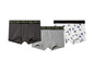 Drei Boxershorts: gestreift, grau und mit Graffiti-Druck.