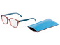 Rote Brille mit blauen Bügeln und blauer Brillenhülle.