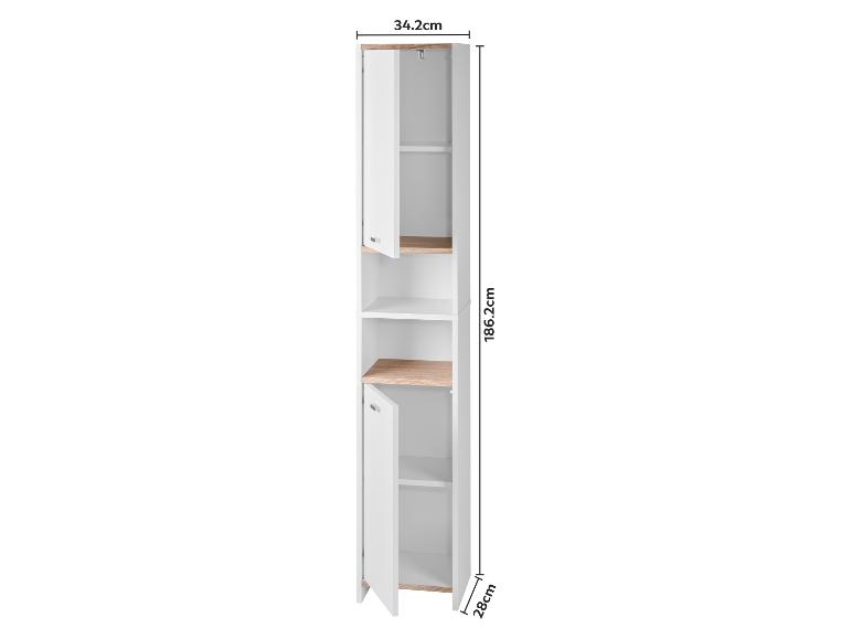 Hoher schmaler Badezimmerschrank mit weißen Türen und Holzregalen, mit Maßen.