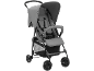 Grauer Kinderwagen mit Verdeck, Sicherheitsgurt und Einkaufskorb.