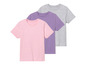Drei T-Shirts in Rosa, Lila und Grau.