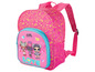 Ein rosa Rucksack mit LOL Surprise-Motiv, mit Herzen und Diamanten.