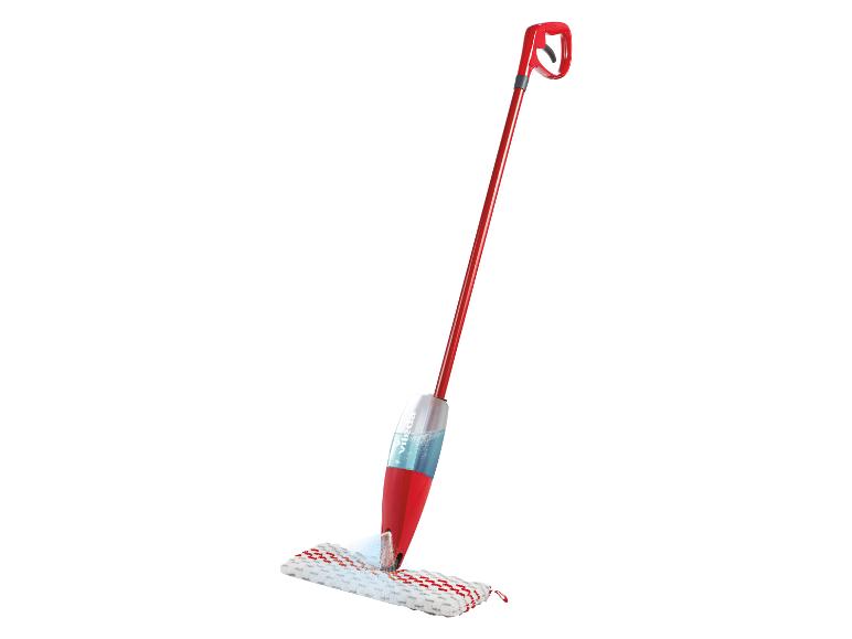 Eine rote Vileda Sprüh-Mop mit Sprühsystem und einem Mikrofaserpad.