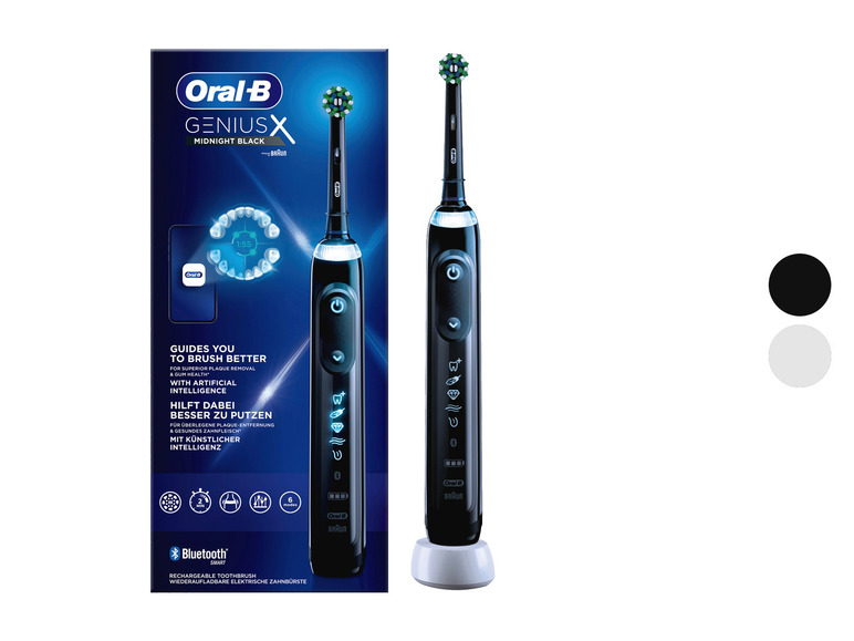Eine schwarze Oral-B Genius X elektrische Zahnbürste mit künstlicher Intelligenz