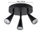 Schwarze Deckenleuchte mit drei verstellbaren LED-Spots, 18 cm Durchmesser.