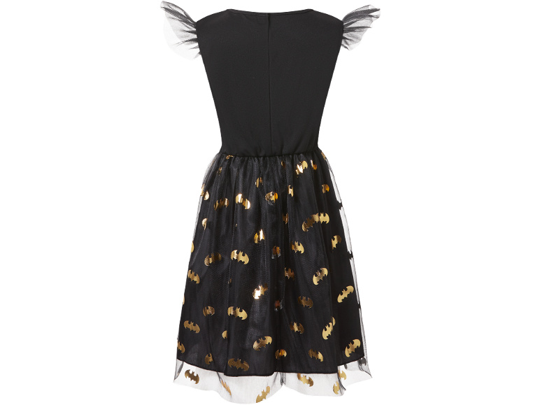 Batman Kinderkleid mit schwarzem Oberteil und Tüllrock mit goldenen Fledermäusen.