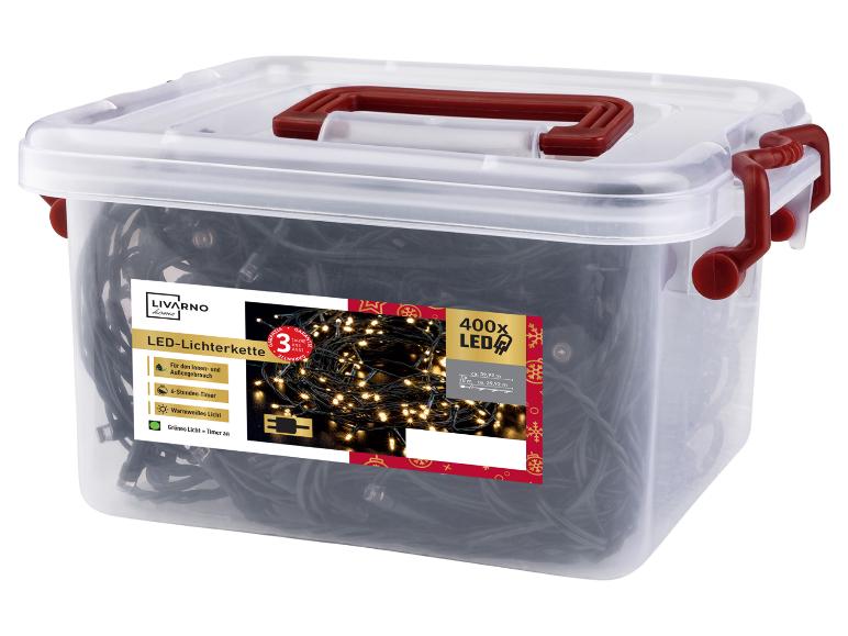 Transparente Box mit Livarno Home LED-Lichterkette, 400 LEDs, Timer und warmweißem Licht.