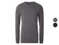 Graues Herren-Langarmshirt mit Rundhalsausschnitt, mit zwei Farbmustern daneben.
