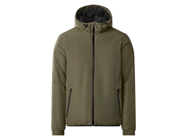 Olivgrüne leichte Herren-Steppjacke mit Kapuze und Reißverschlüssen.