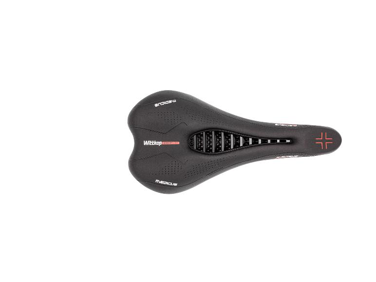 Schwarzer Fahrradsattel mit orangefarbenen Details und ergonomischem Design.