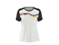 Weißes Sport-T-Shirt mit schwarzen Ärmeln und Streifen in den Farben der deutschen Flagge.
