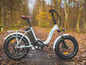 Ein weißes Myvelo E-Bike mit dicken Reifen auf einem Waldweg.
