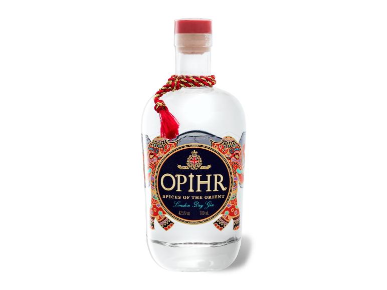 Eine Flasche Opihr London Dry Gin mit einem dekorativen Design.