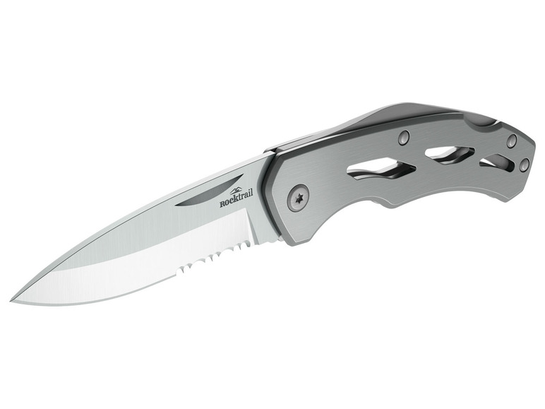 Ein silberfarbenes Taschenmesser von Rocktrail mit einer gezahnten Klinge.