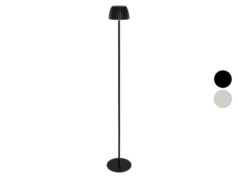 Schwarze Stehlampe mit plissiertem Schirm, gezeigt mit schwarzen und grauen Farboptionen.